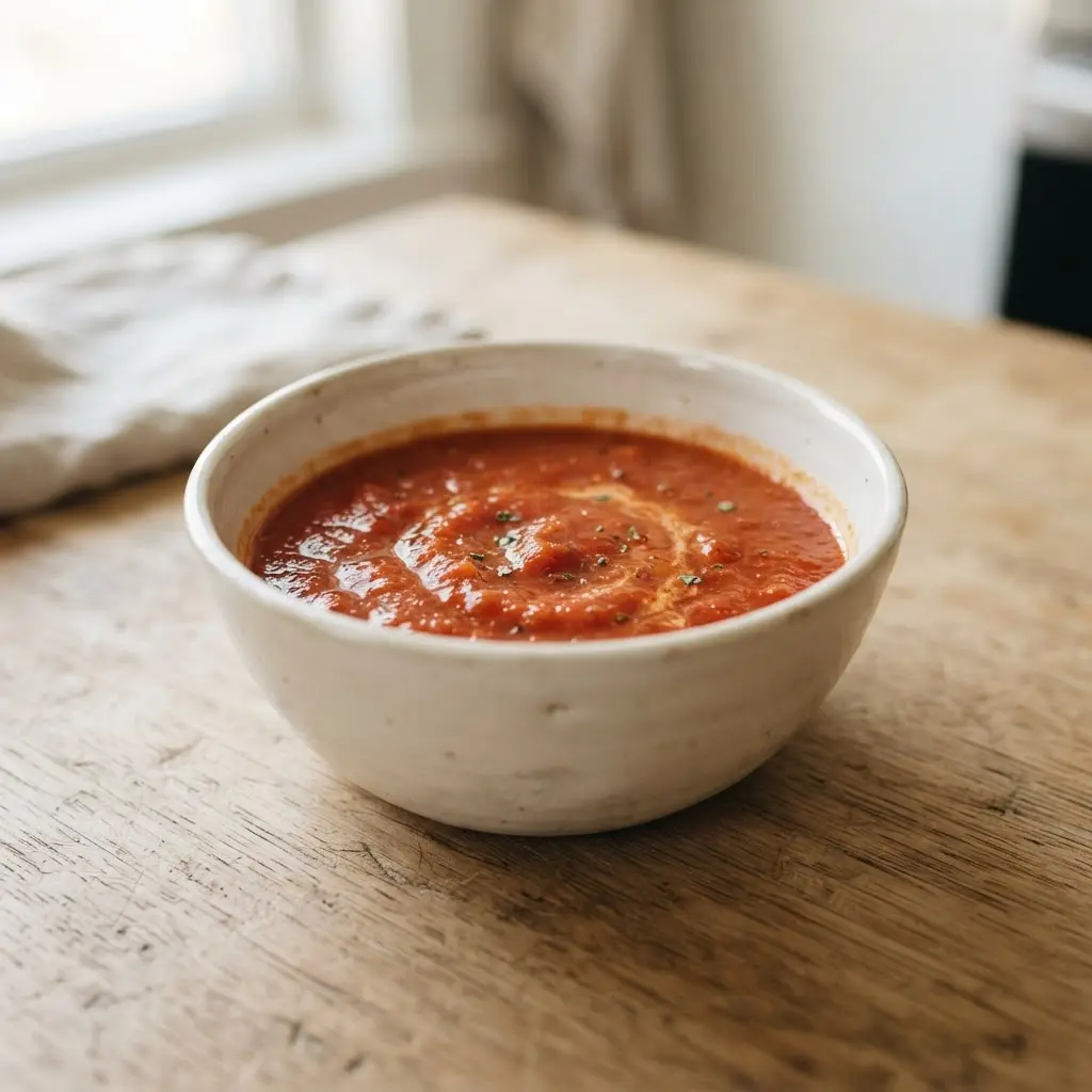 Tomato soup in a plain white bowl on a plain wooden surface.
