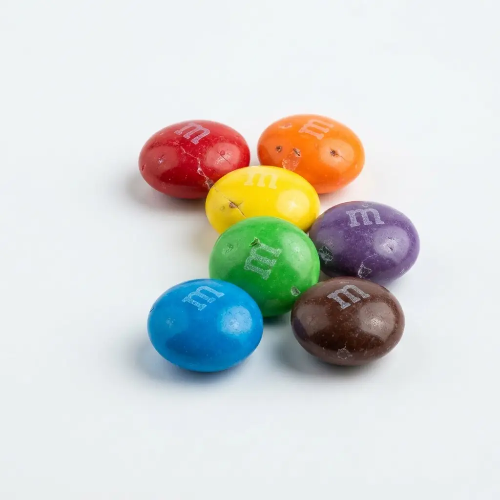 Candy-coated chocolates on a clean white background.
