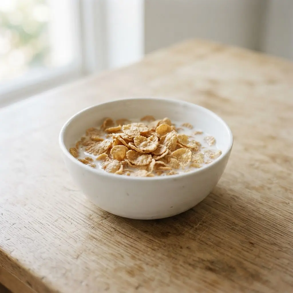 Breakfast cereal in a plain white bowl on a plain wooden surface.