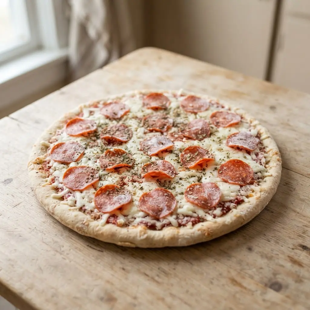Frozen pizza on a plain wooden surface.
