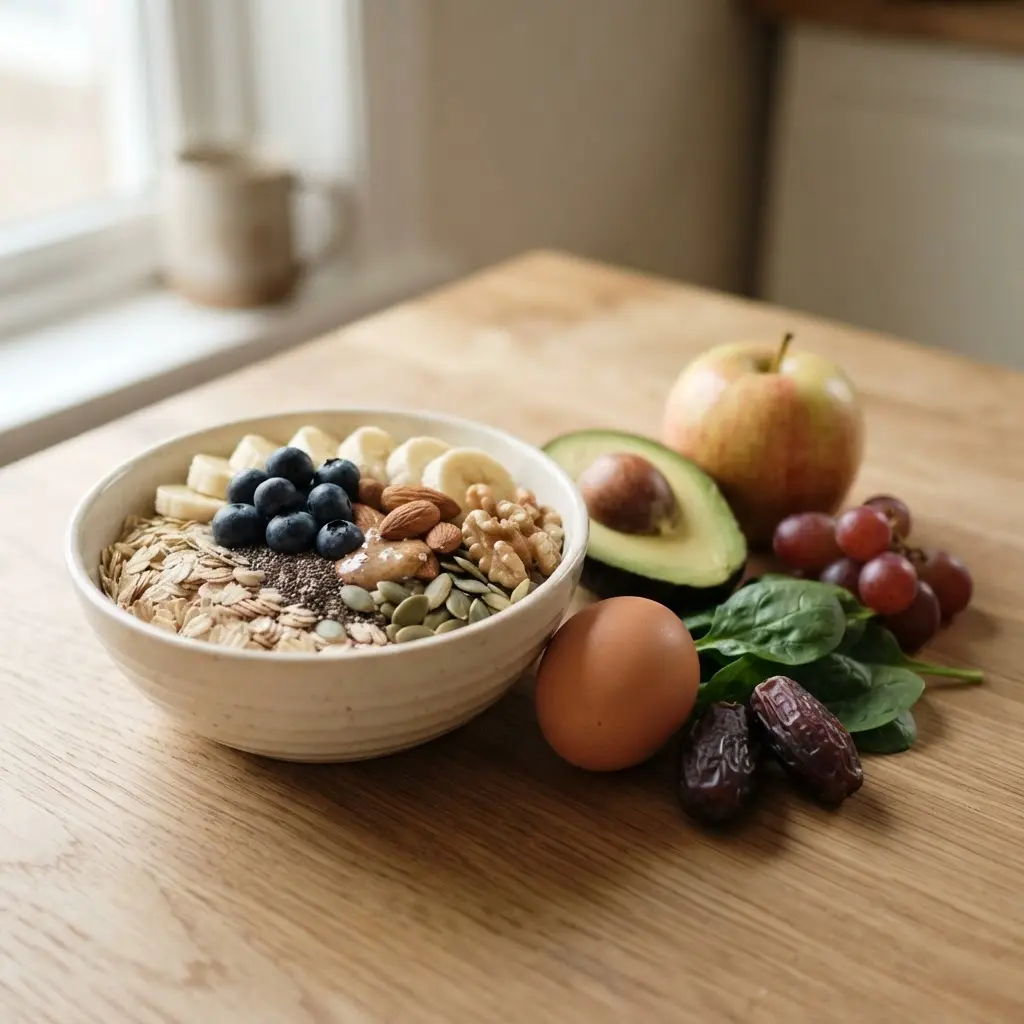 Fresh uncooked best breakfast foods for sustained energy on a plain wooden table.