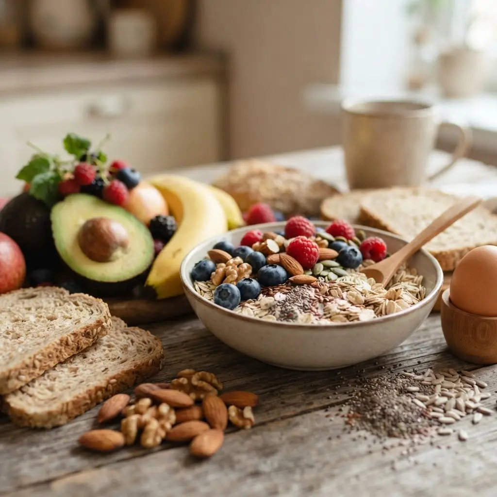 Fresh uncooked best breakfast foods for sustained energy shown in close-up to highlight natural texture.
