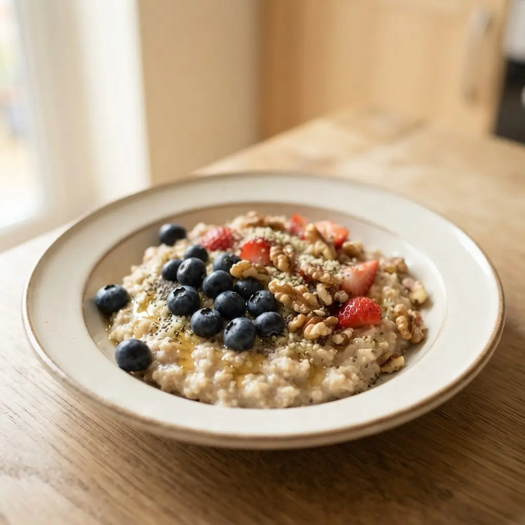 A simple home-cooked dish with best breakfast foods for sustained energy as the main ingredient served on a ceramic plate.