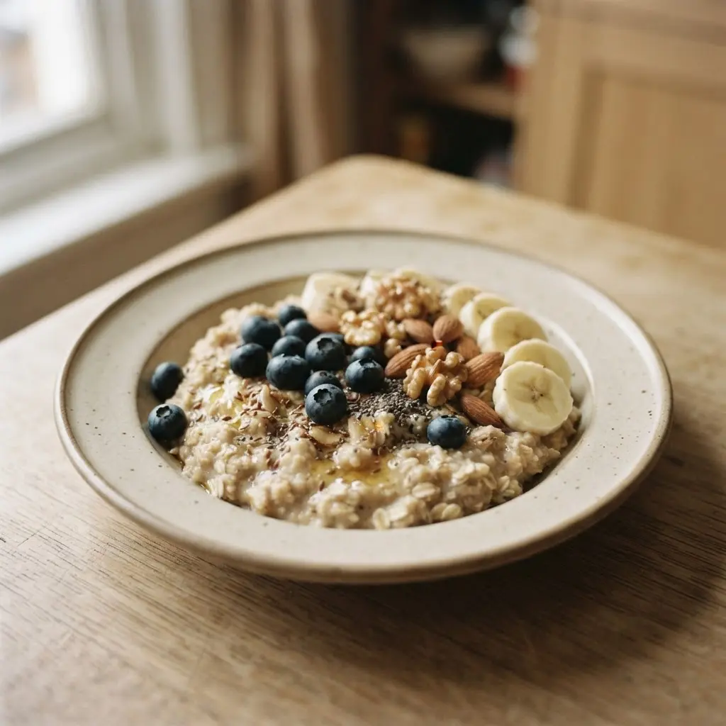 A simple home-cooked dish with best breakfast foods for sustained energy as the main ingredient served on a ceramic plate.