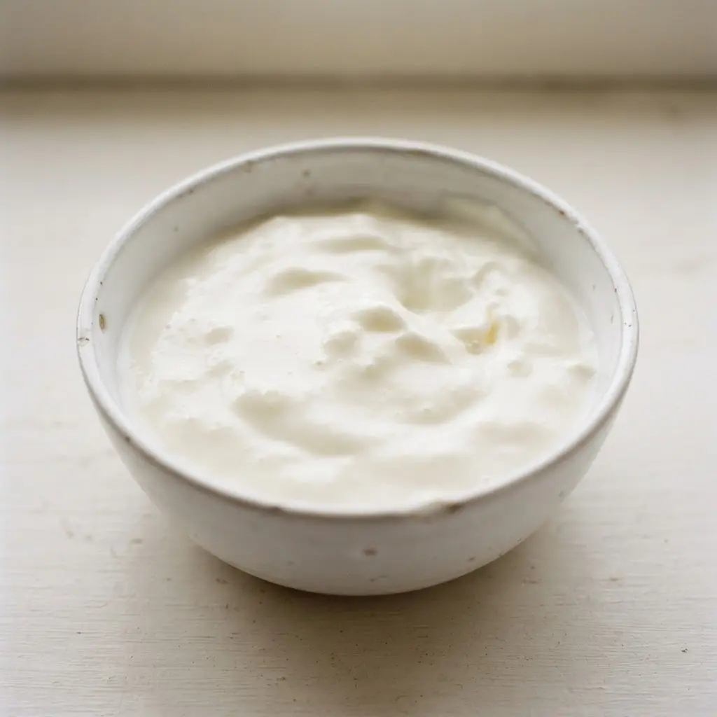 Yogurt in a plain white bowl in close-up.