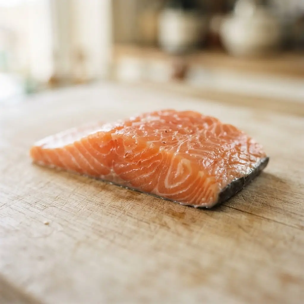 Salmon on a plain wooden surface.