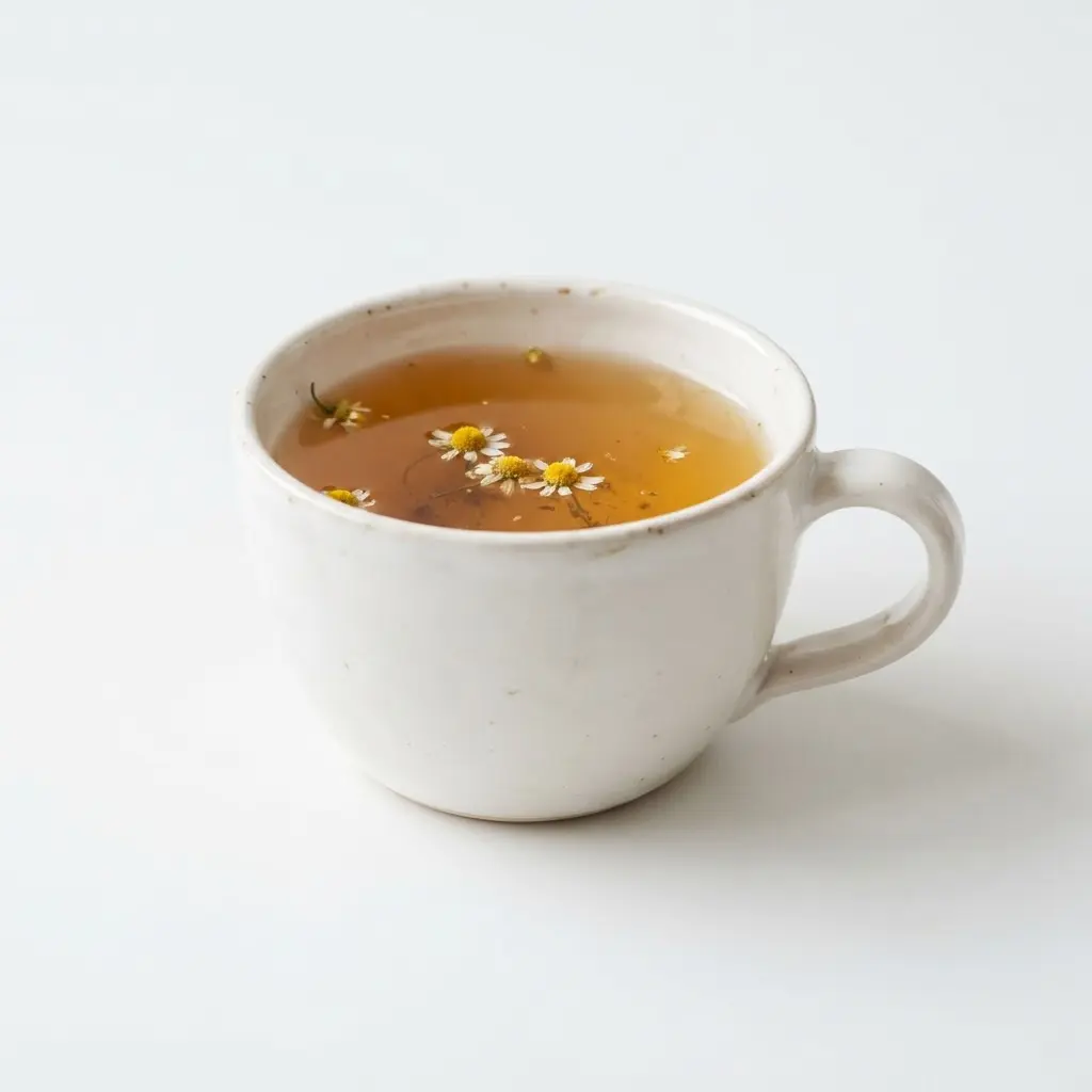 Chamomile tea in a plain white cup on a clean white background.