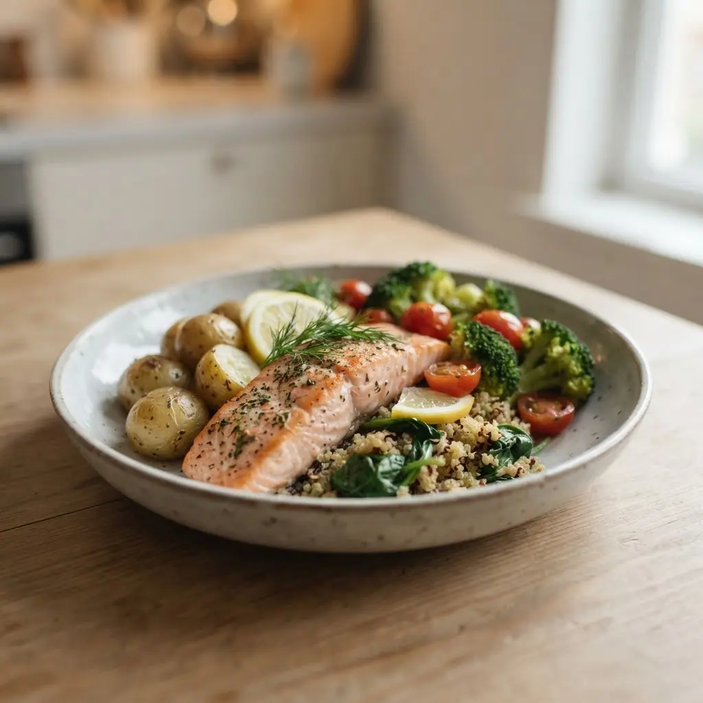 A simple home-cooked dish with best healthy and delicious foods as the main ingredient served on a ceramic plate.