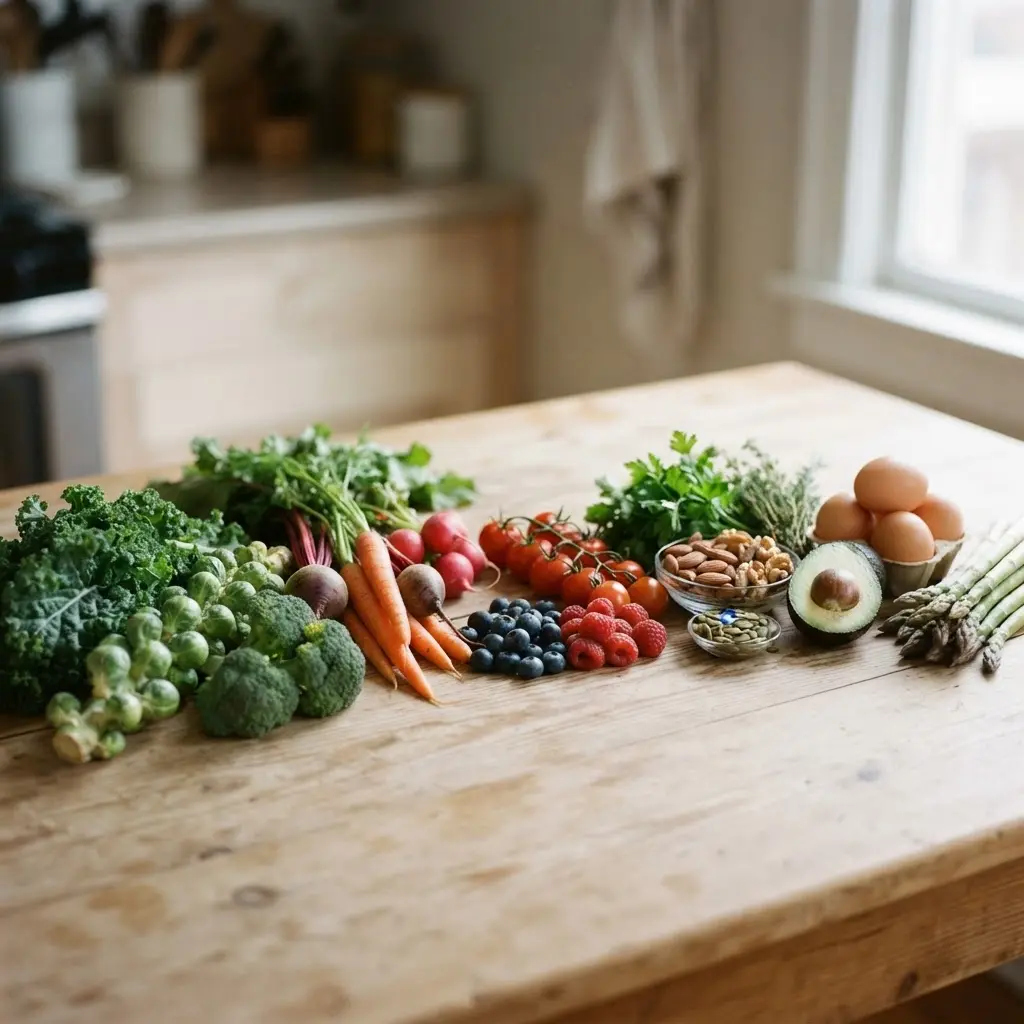 Several different kinds of fresh uncooked best healthy and delicious foods arranged in separate groups by variety.