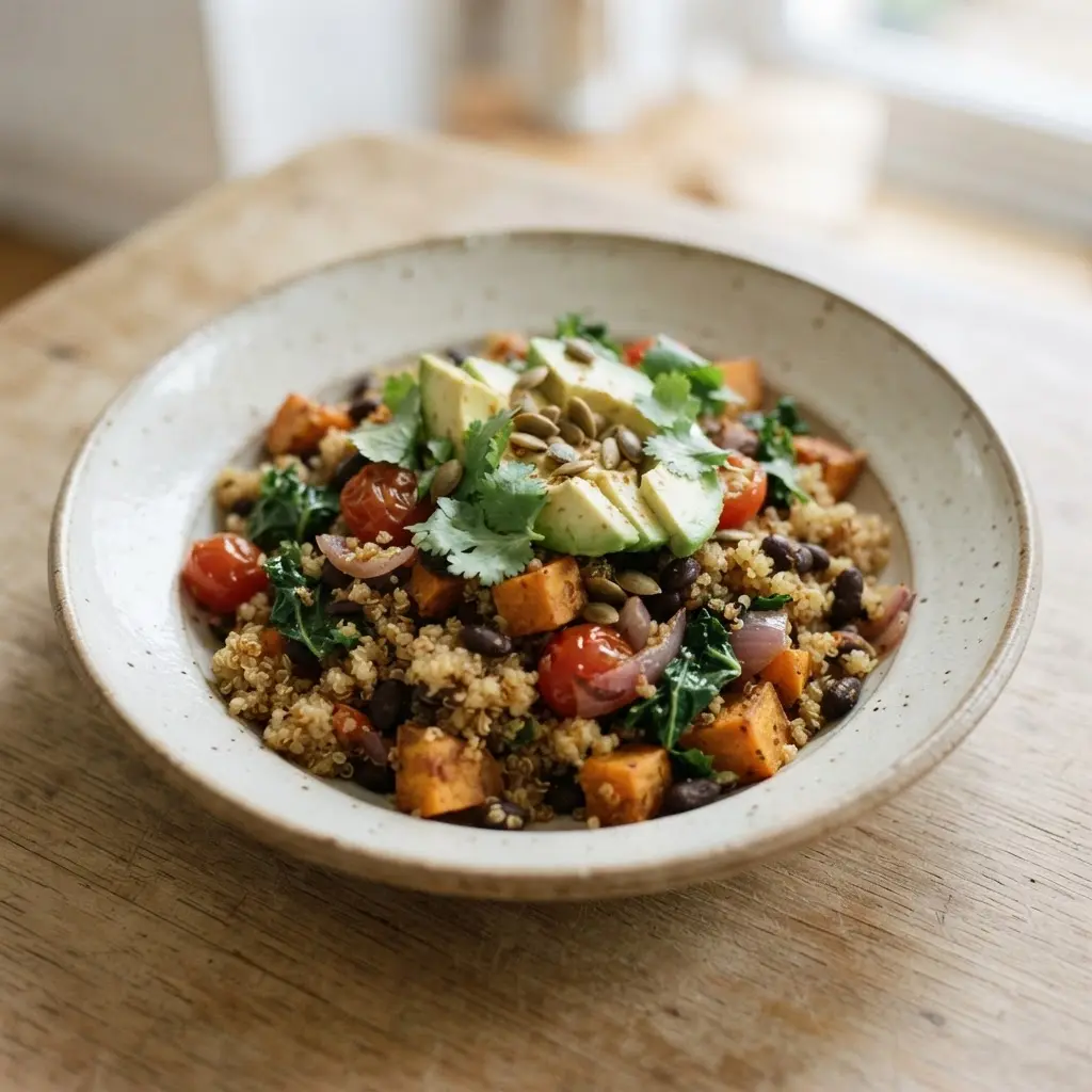 A simple home-cooked dish with best healthy and delicious foods as the main ingredient served on a ceramic plate.