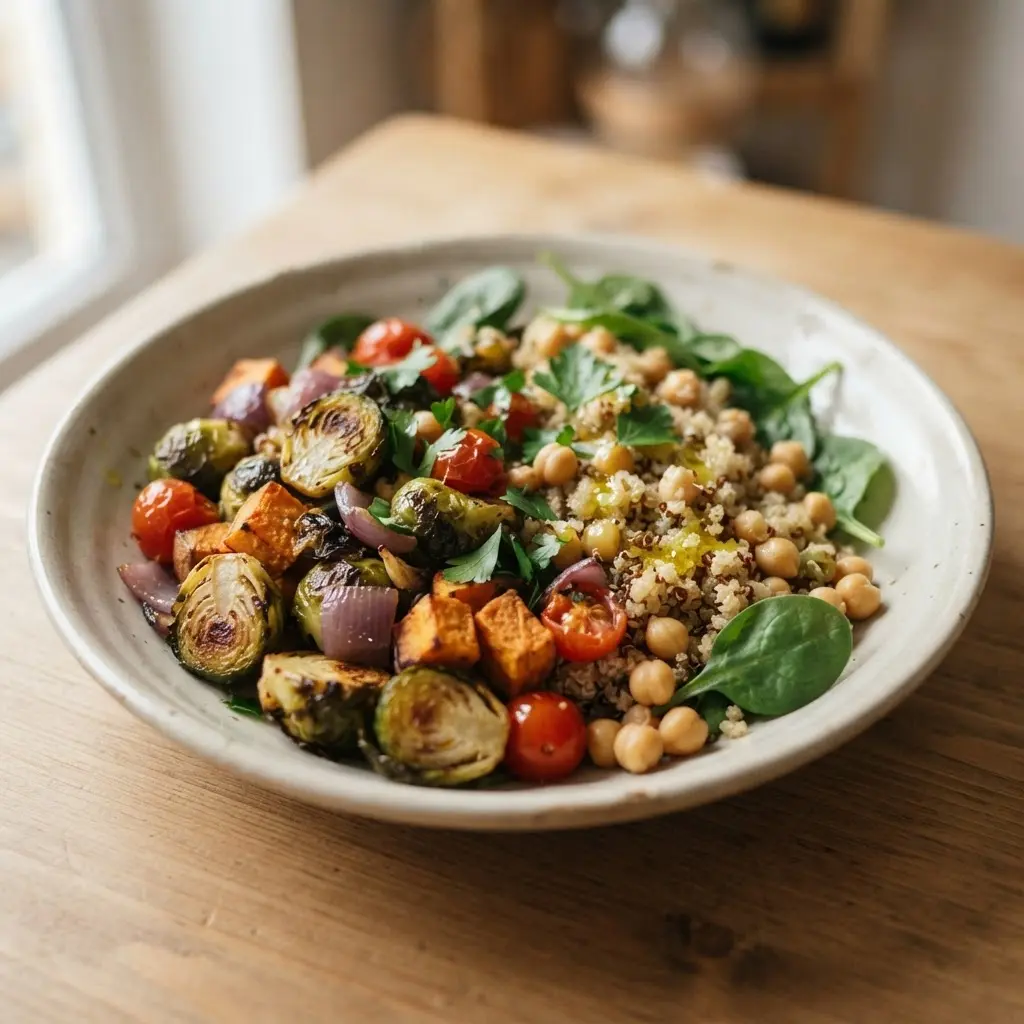 A simple home-cooked dish with best healthy and delicious foods as the main ingredient served on a ceramic plate.