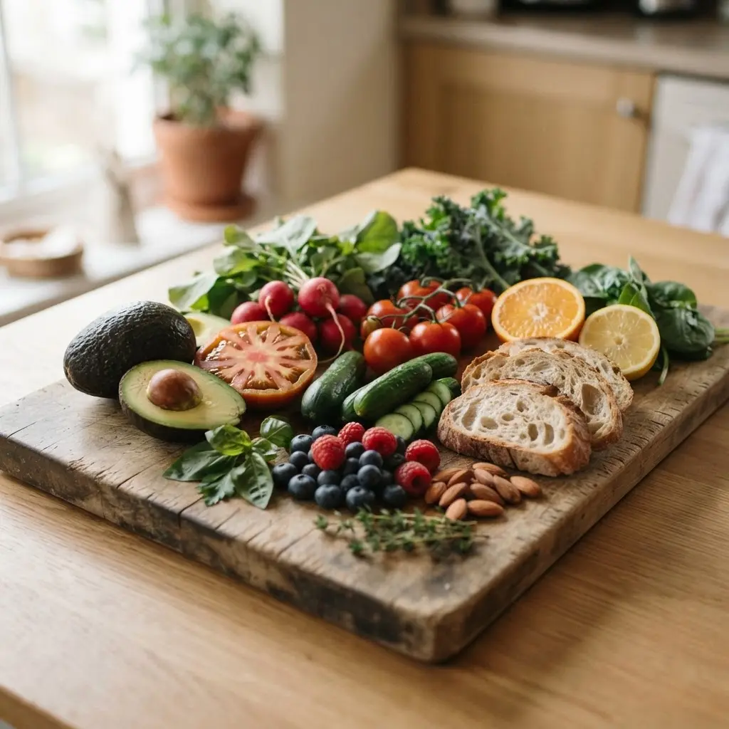 Fresh best healthy and delicious foods, some whole and some sliced, ready for a healthy meal.
