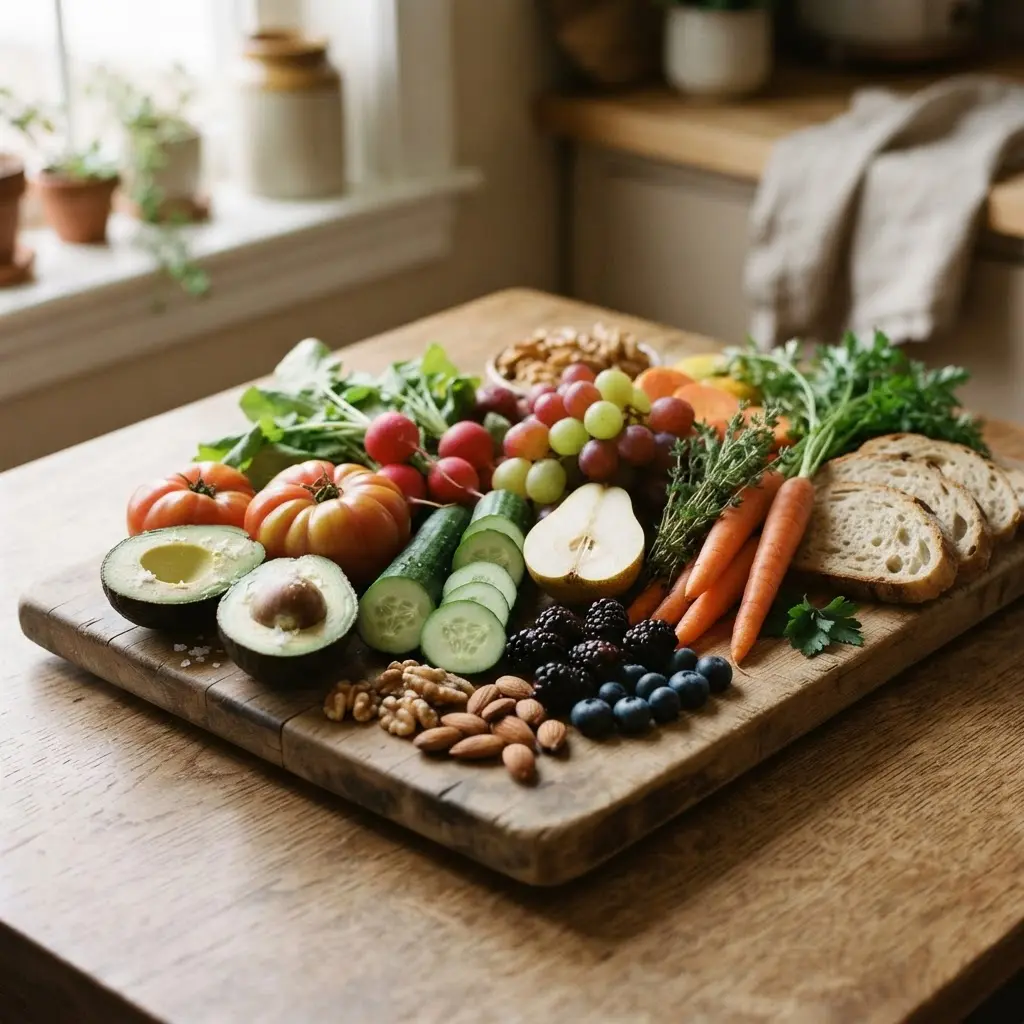 Fresh best healthy and delicious foods, some whole and some sliced, ready for a healthy meal.
