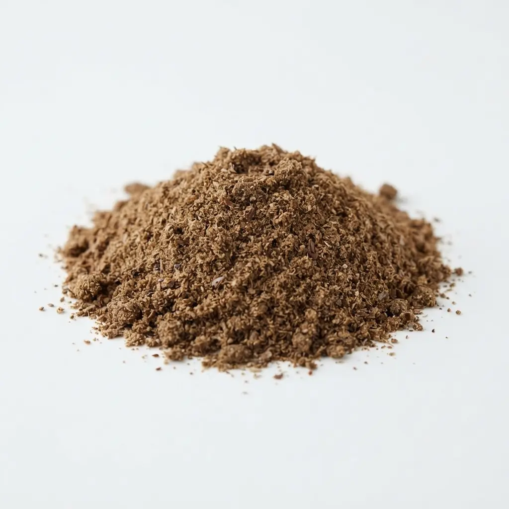 Ground flaxseeds on a clean white background.
