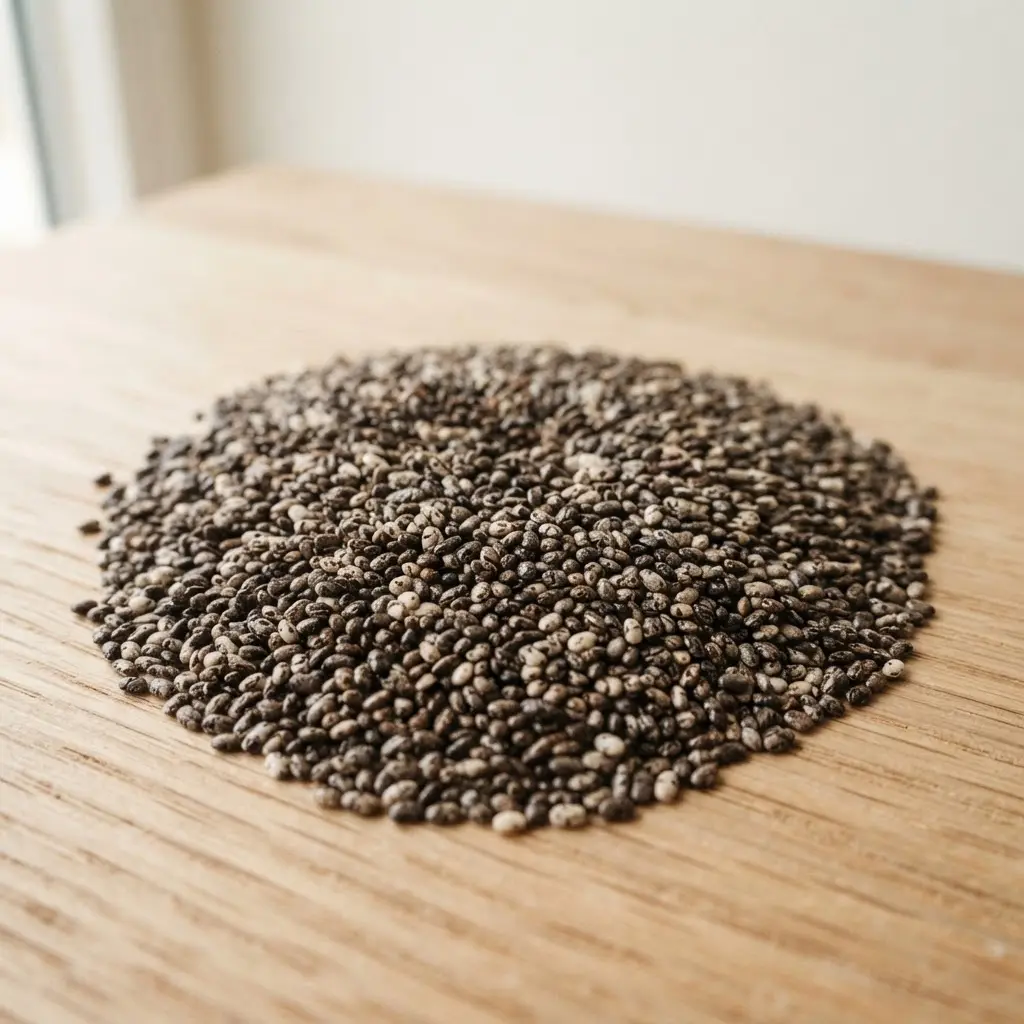 Chia seeds on a plain wooden surface.