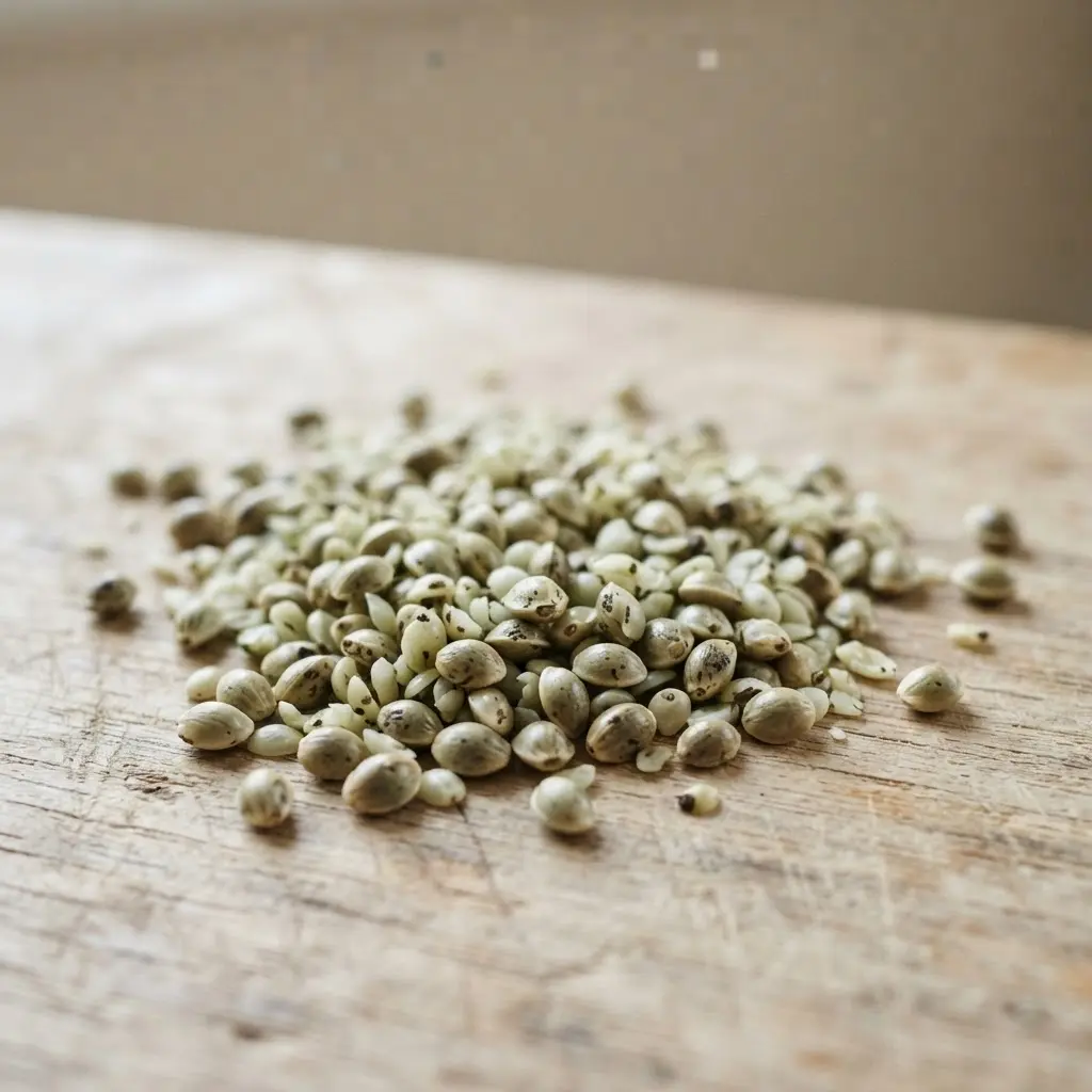 Hemp seeds on a plain wooden surface.