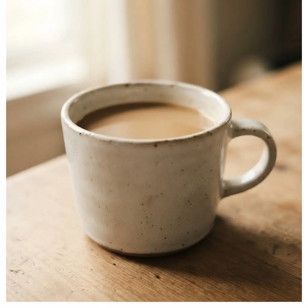 Glass of oat milk beside rolled oats and coffee beans on a clean counter, showing a dairy-free milk choice.