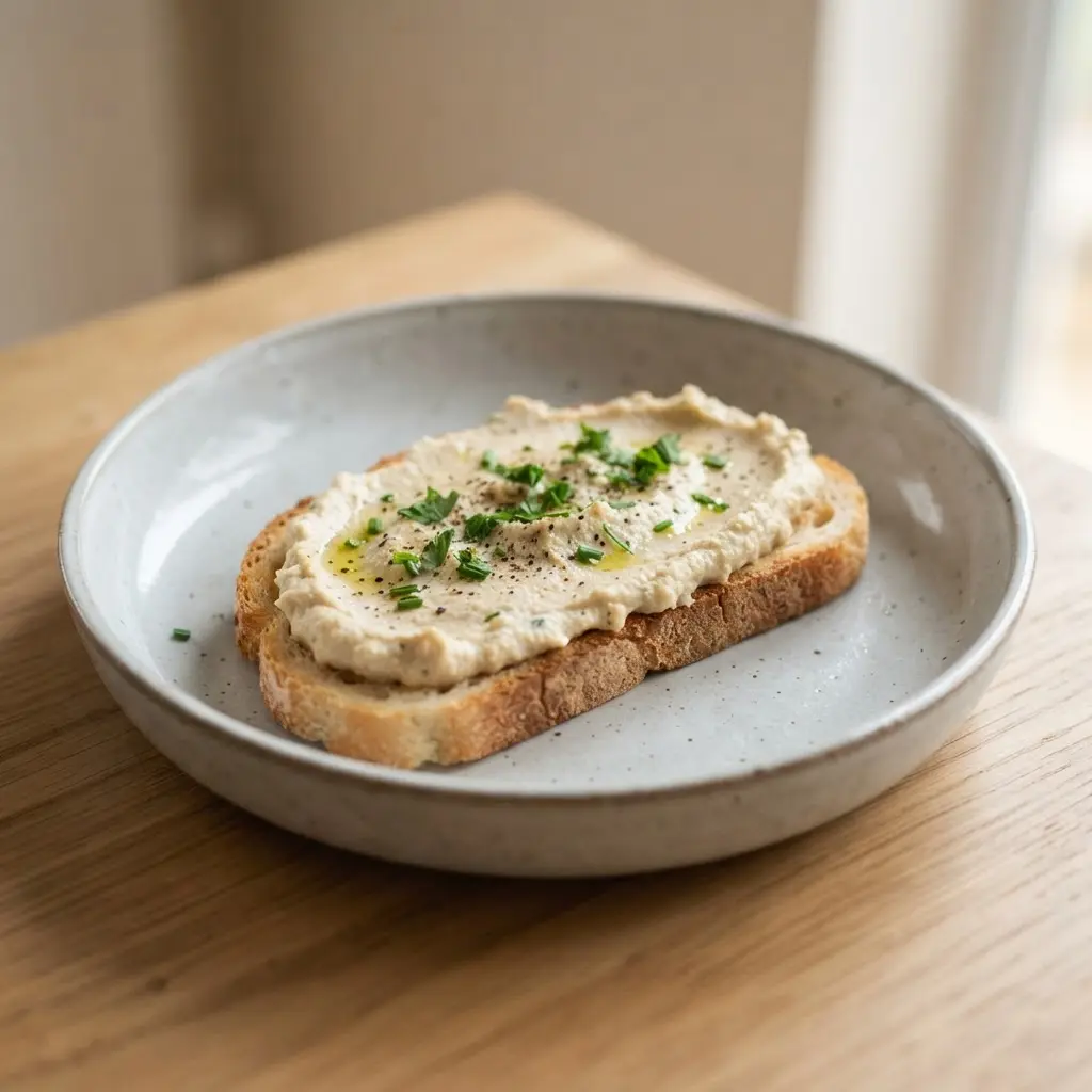 Sliced plant-based cheese melts over toast beside a small bowl of herbs on a wooden kitchen board.