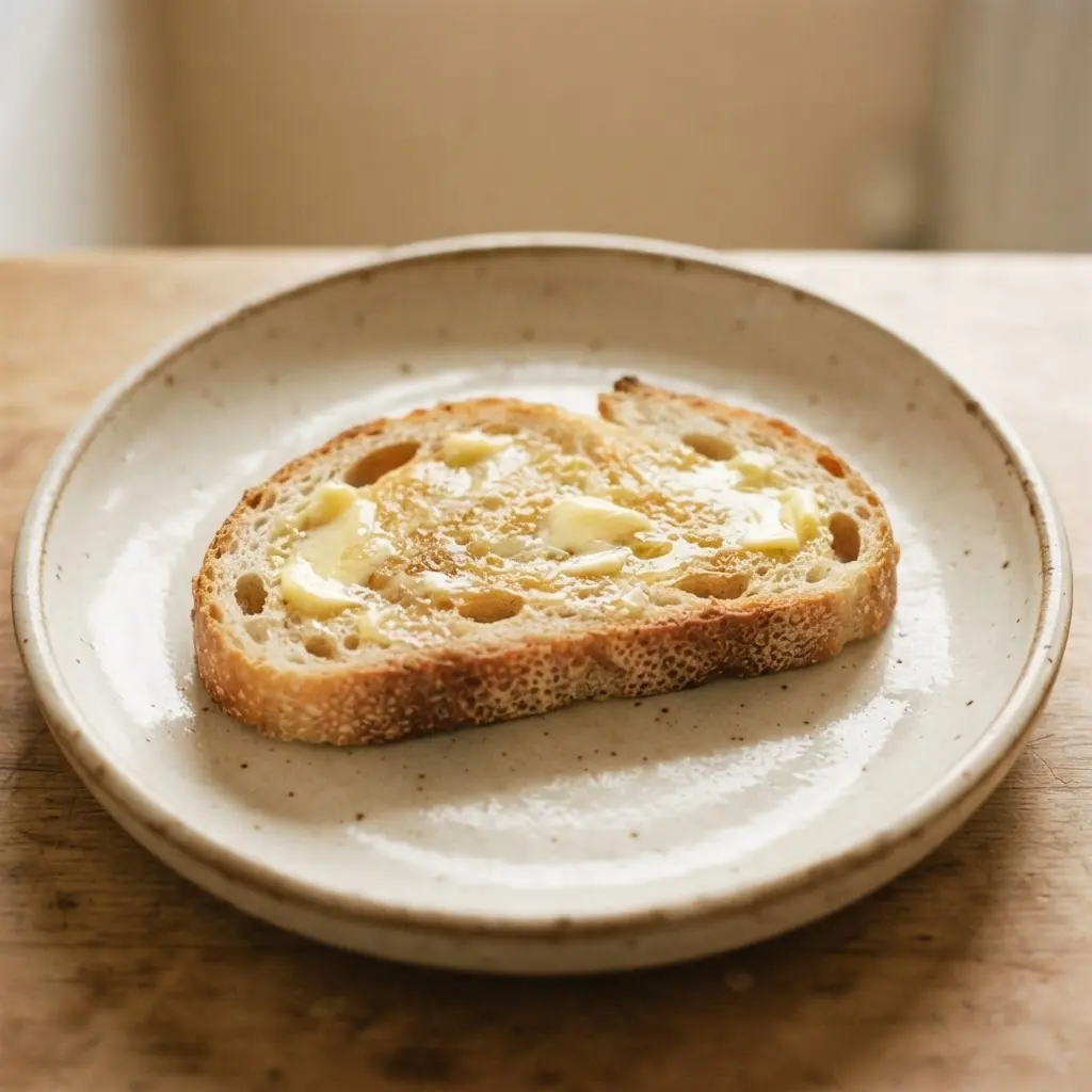 Vegan butter replacement spread on toast beside a pastry brush, flour, and a mixing bowl on a kitchen counter.