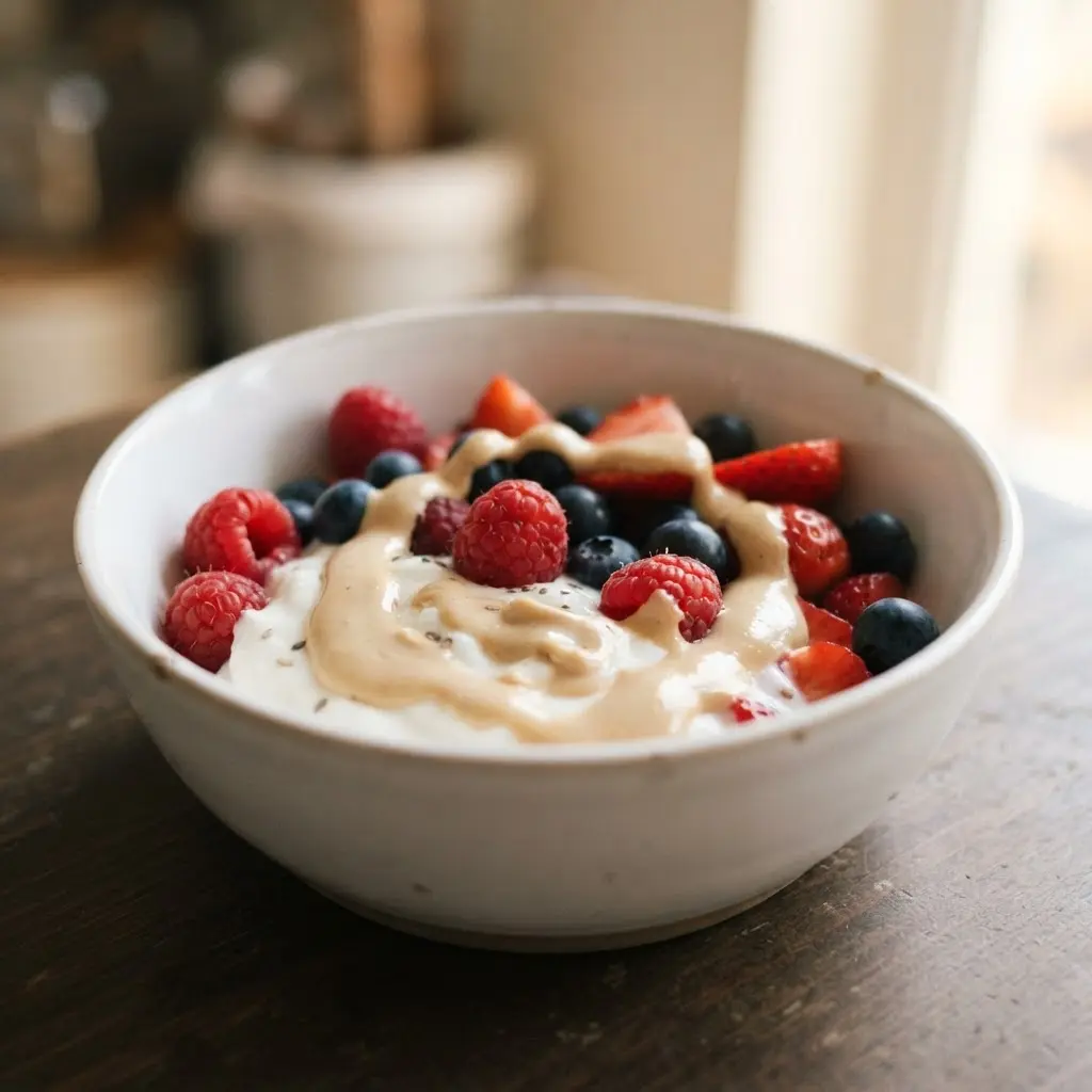 Bowl of coconut yogurt beside cashew cream, berries, and a spoon on a bright kitchen table.