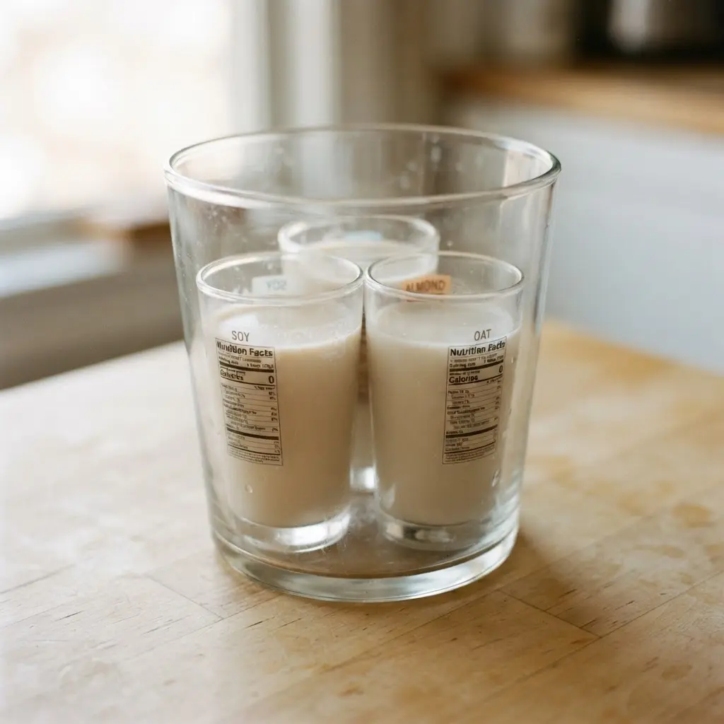Bowls of soy, almond, and oat drinks beside nutrition labels for best vegan dairy substitutes.