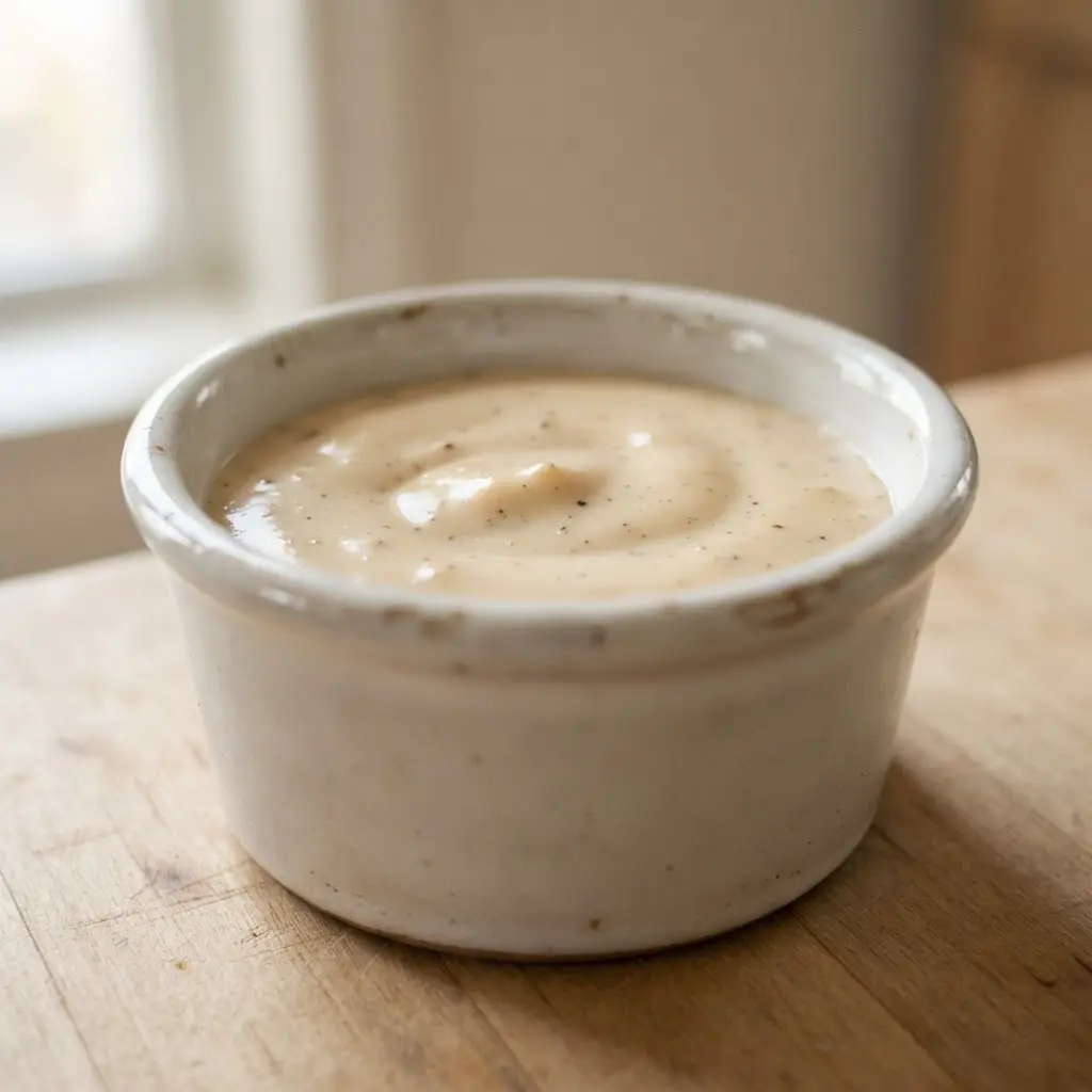 Creamy plant-based sauce, vegan butter, oat milk, and baking ingredients arranged beside a saucepan.