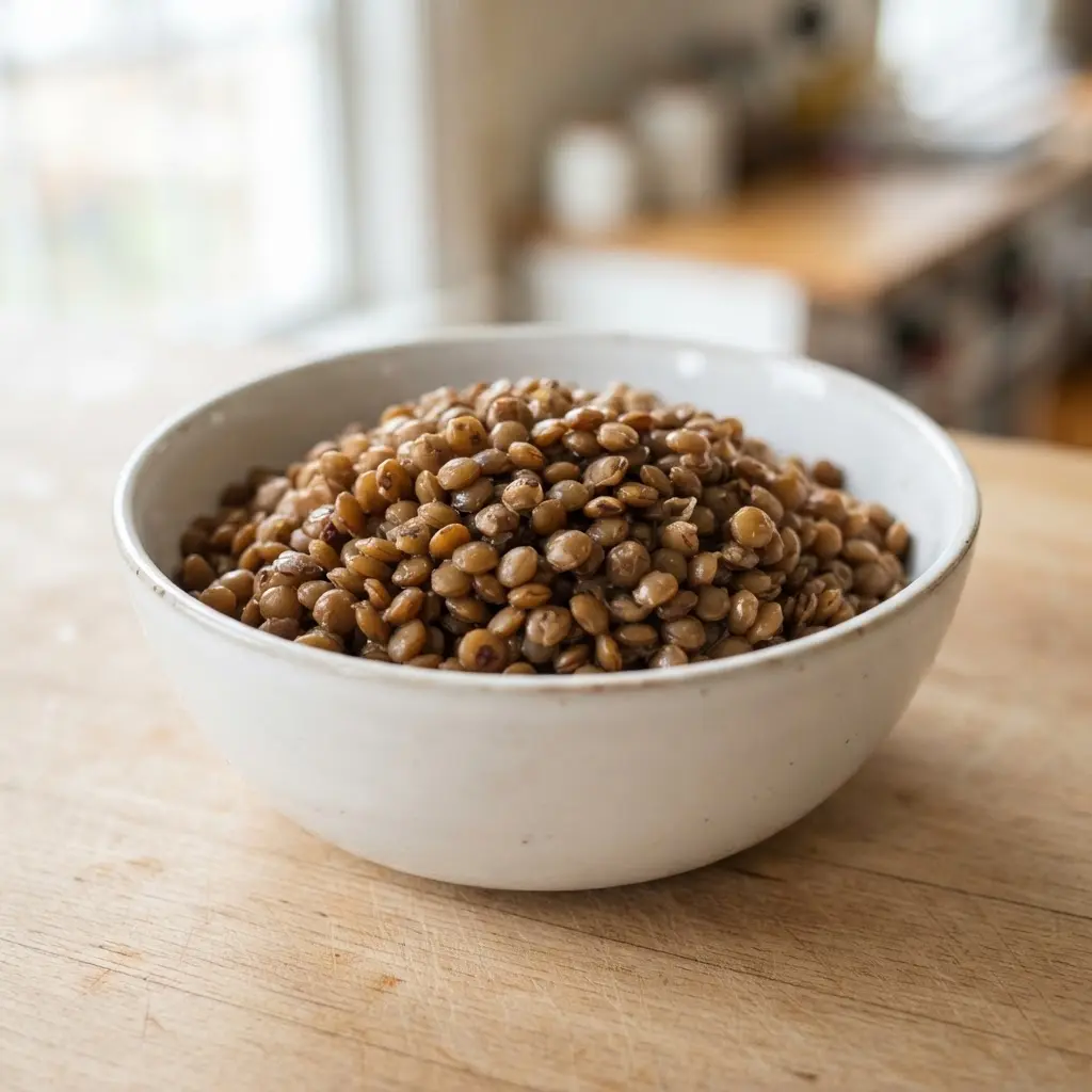 Lentils in a plain white bowl on a plain wooden surface.