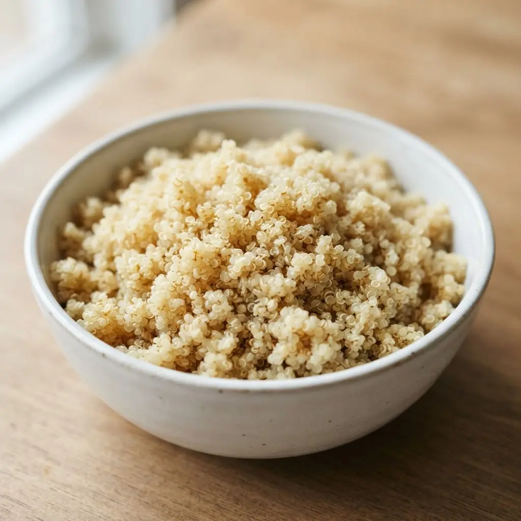 Quinoa in a plain white bowl in close-up.
