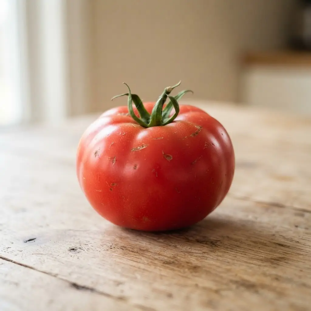 Tomato on a plain wooden surface.