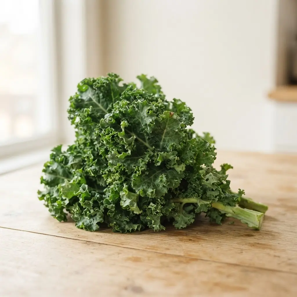 Kale on a plain wooden surface.