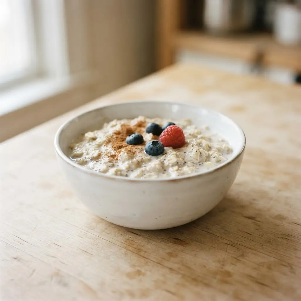 Overnight oats in a plain white bowl on a plain wooden surface.