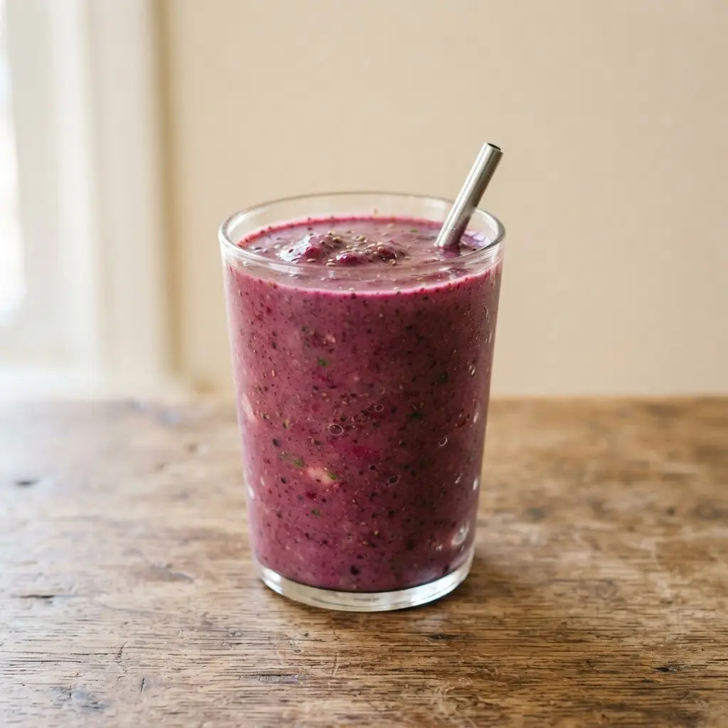 Smoothie pack in a clear drinking glass in close-up.