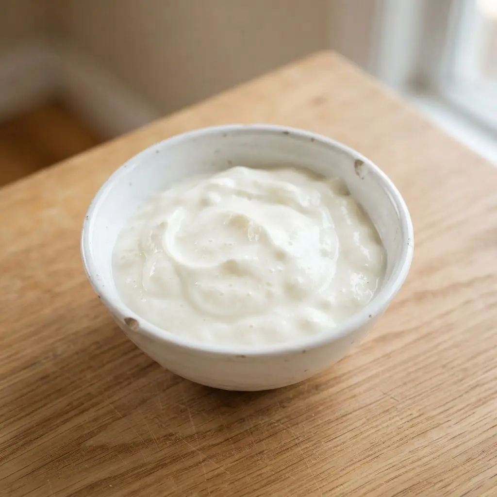 Greek yogurt in a plain white bowl on a plain wooden surface.