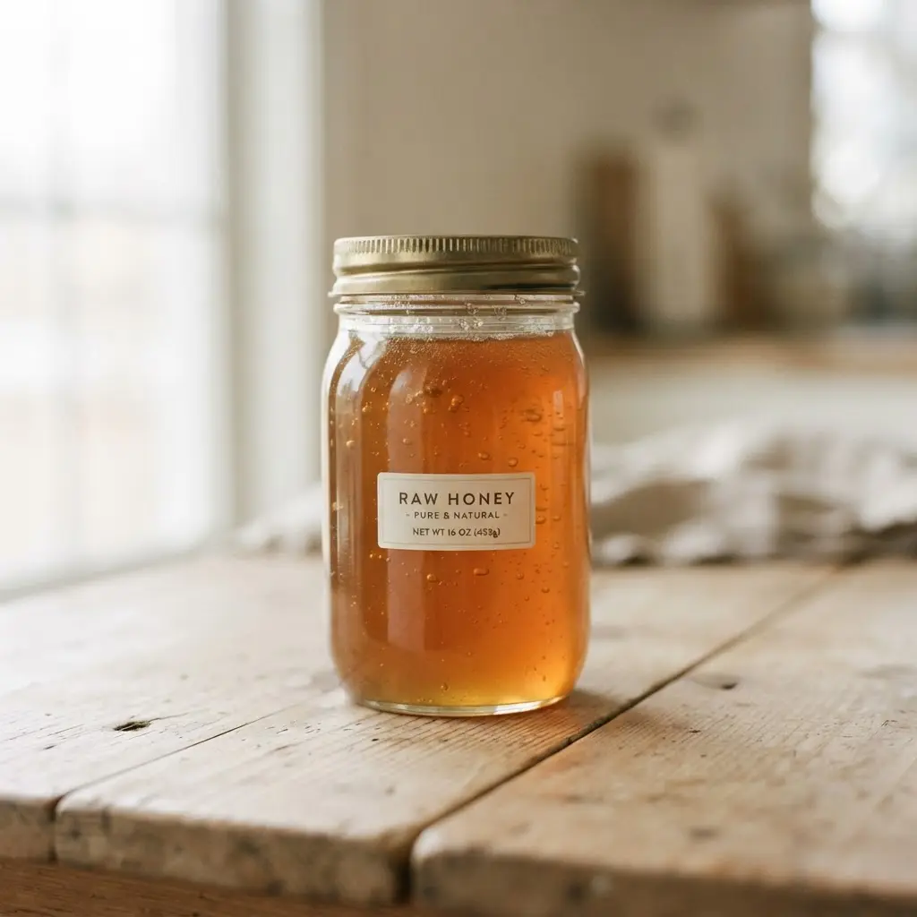 Glass jar on a plain wooden surface.