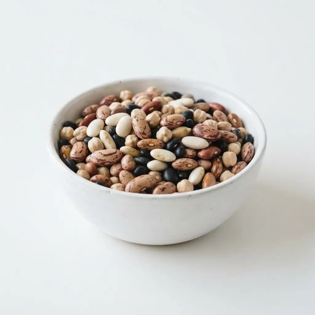 Dried beans in a plain white bowl on a clean white background.
