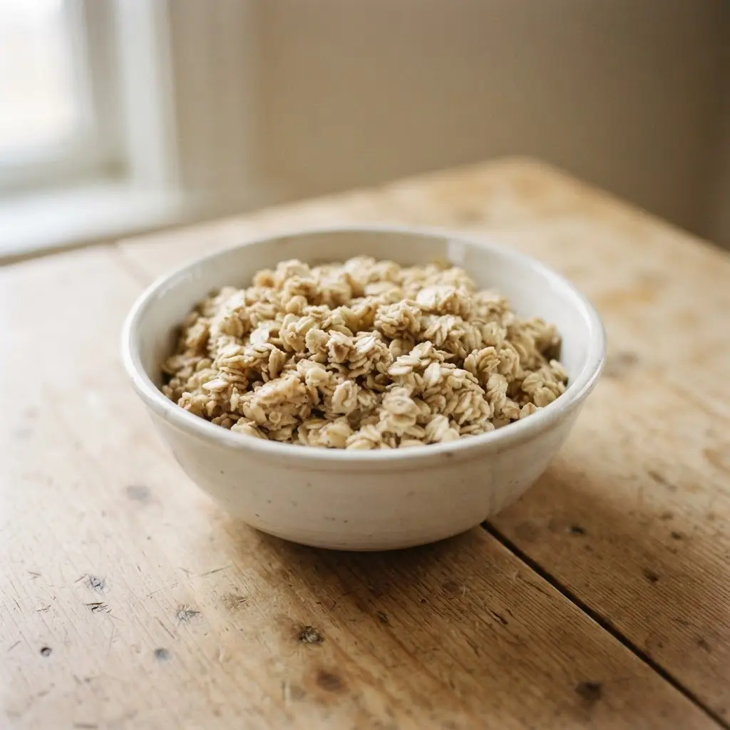Rolled oats in a plain white bowl on a plain wooden surface.