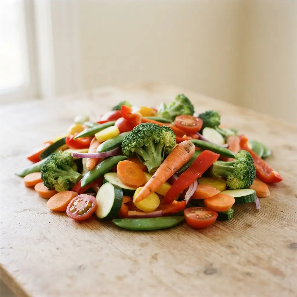 Mixed vegetables on a plain wooden surface.