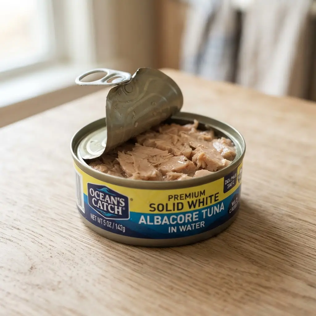 Canned tuna on a plain wooden surface.