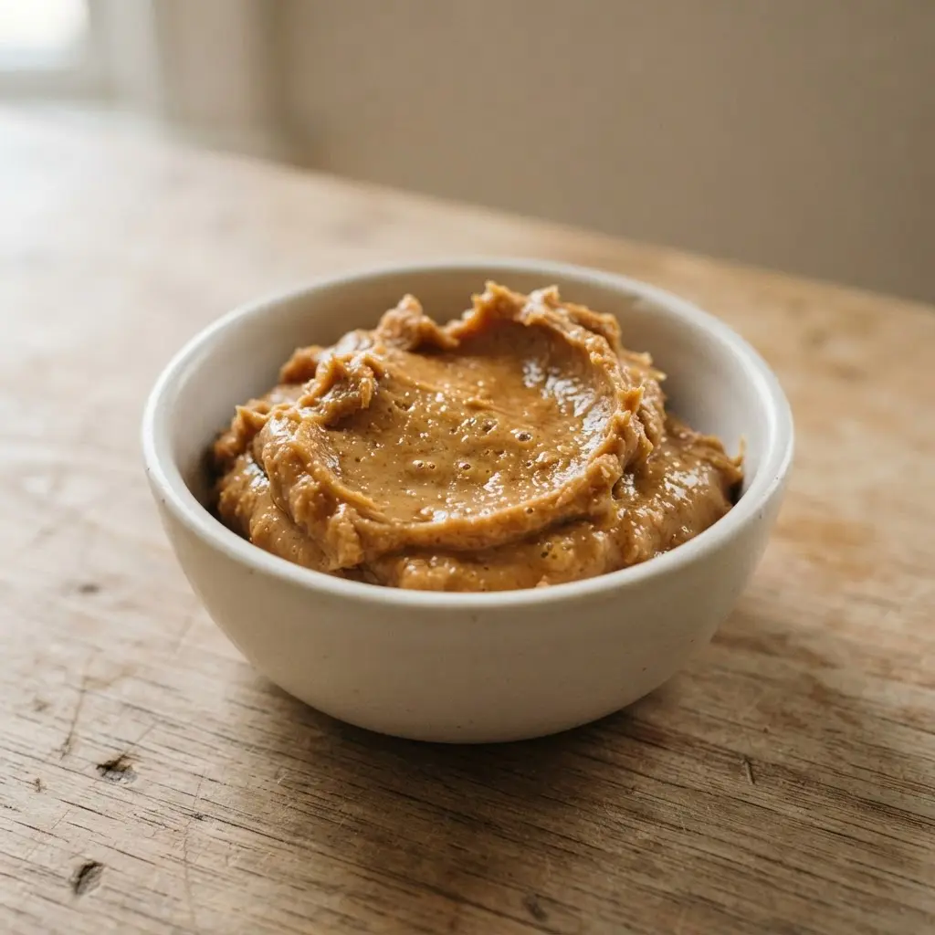 Peanut butter on a plain wooden surface.