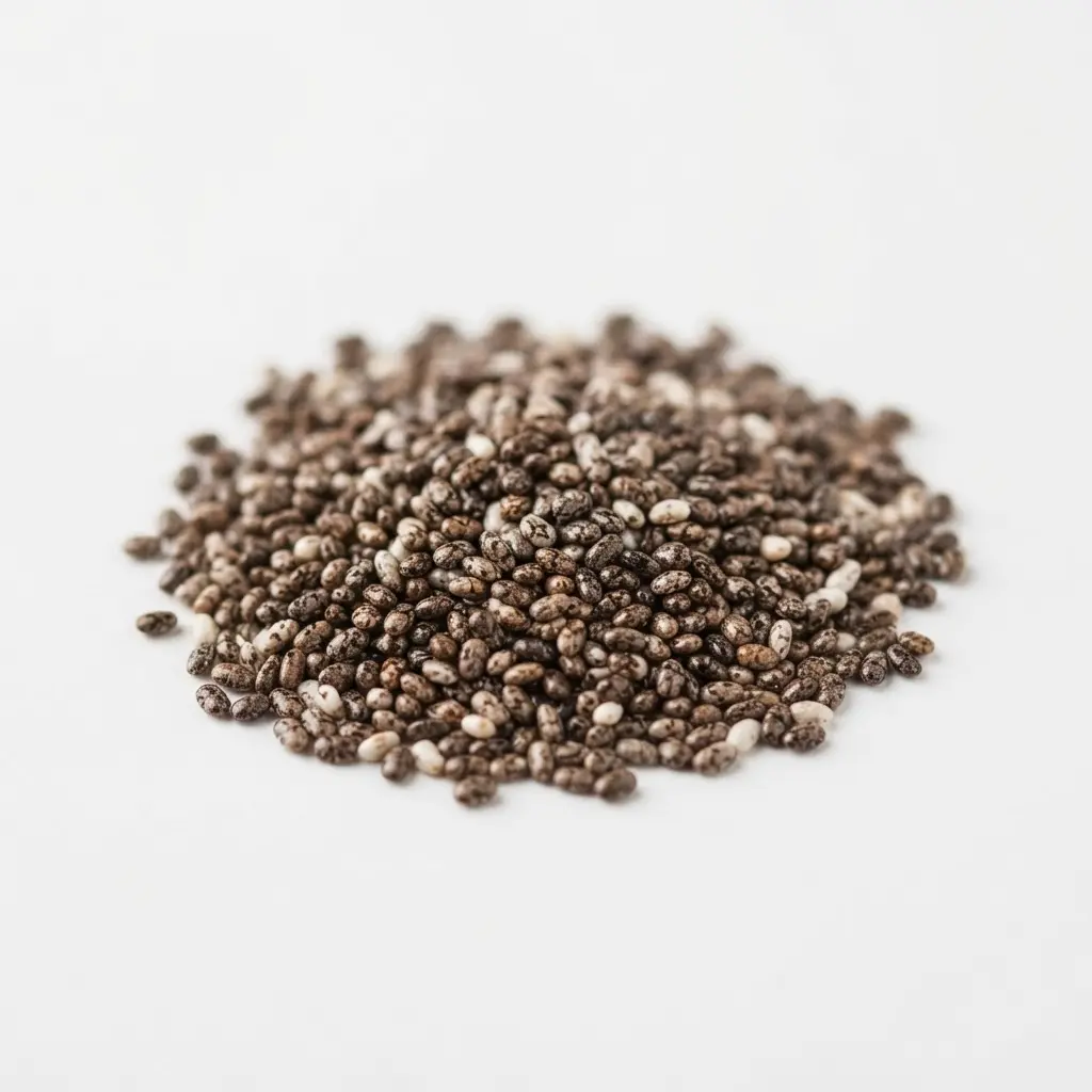 Chia seeds on a clean white background.
