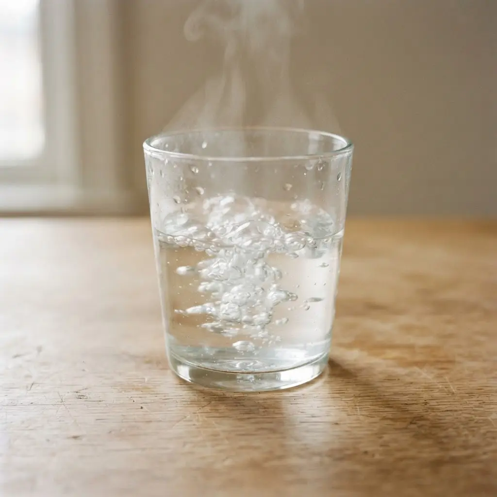Boiling water in a clear drinking glass on a plain wooden surface.
