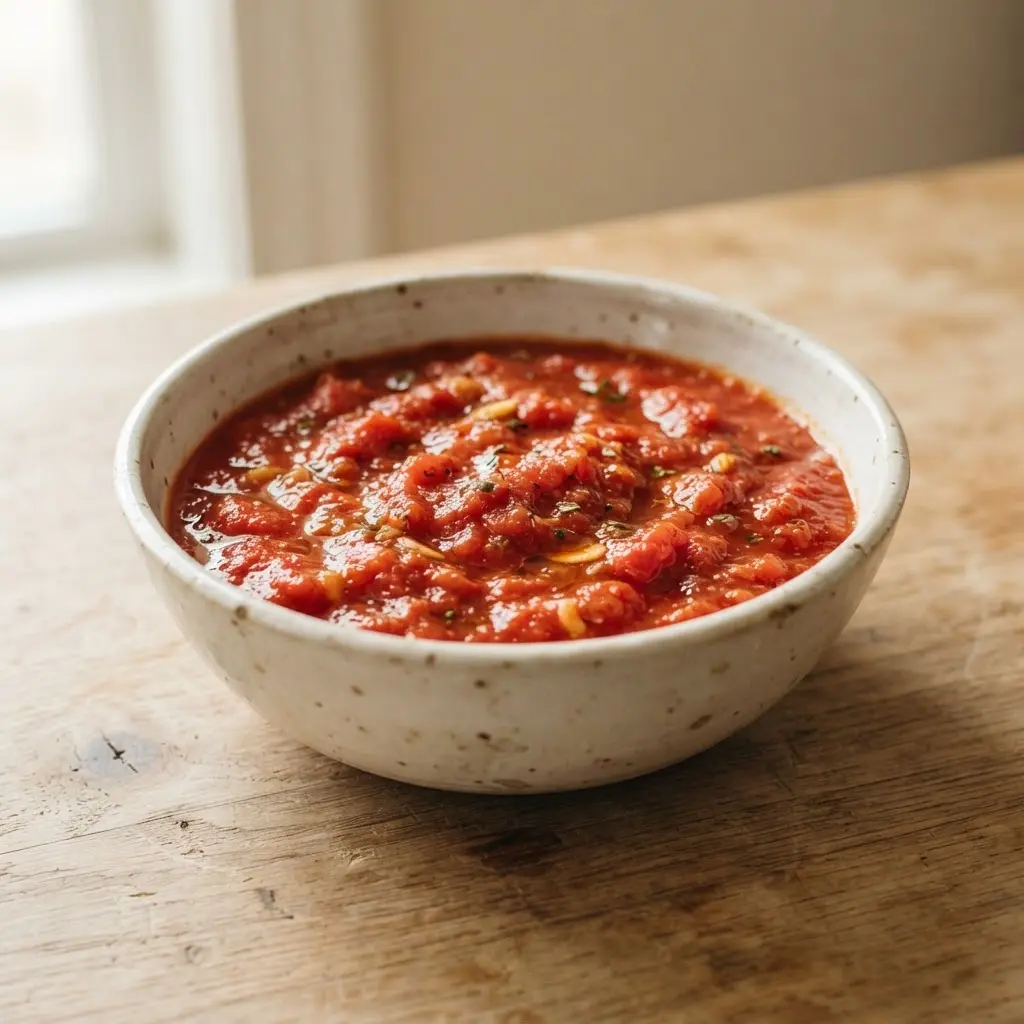 Tomato sauce on a plain wooden surface.