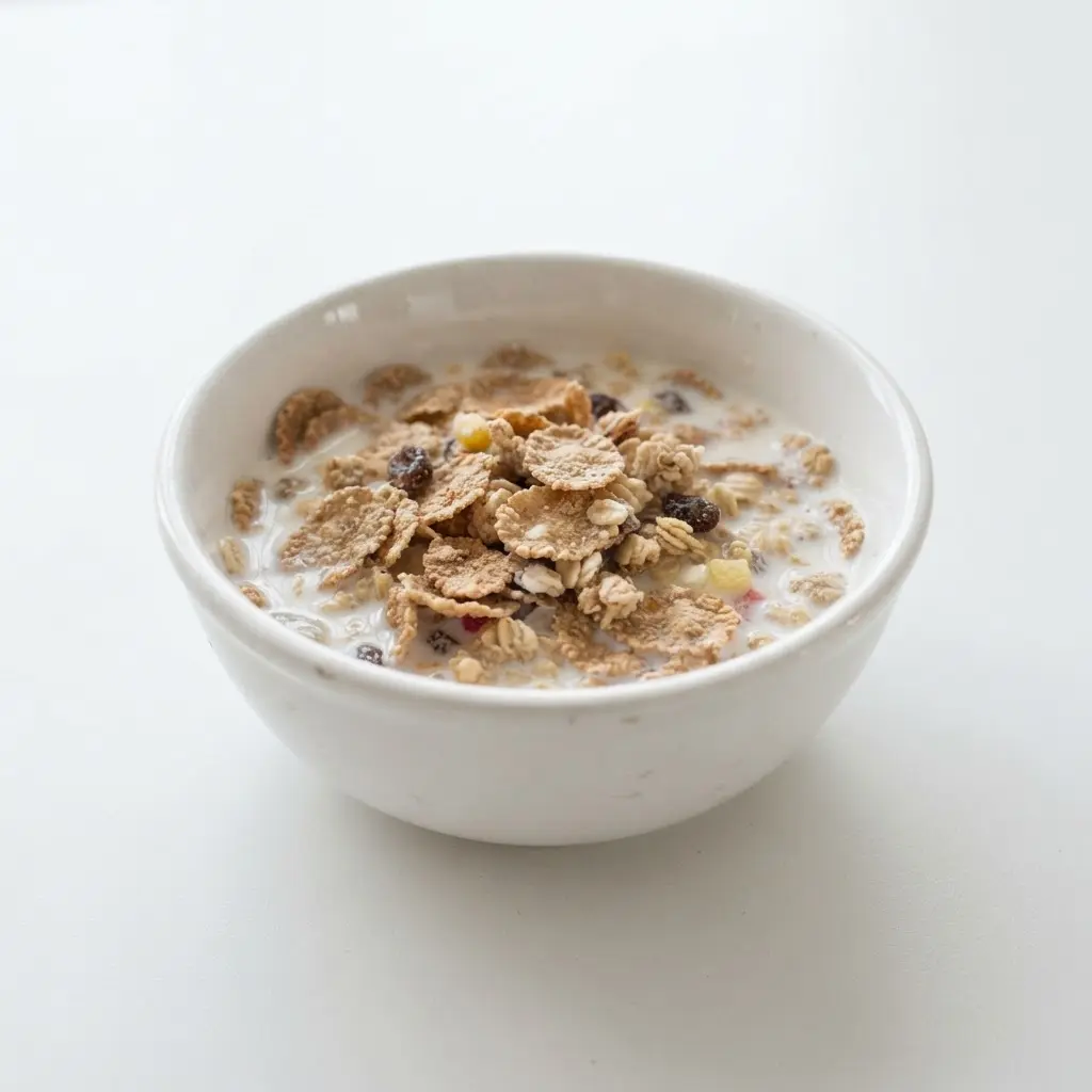 Fortified cereal in a plain white bowl on a clean white background.