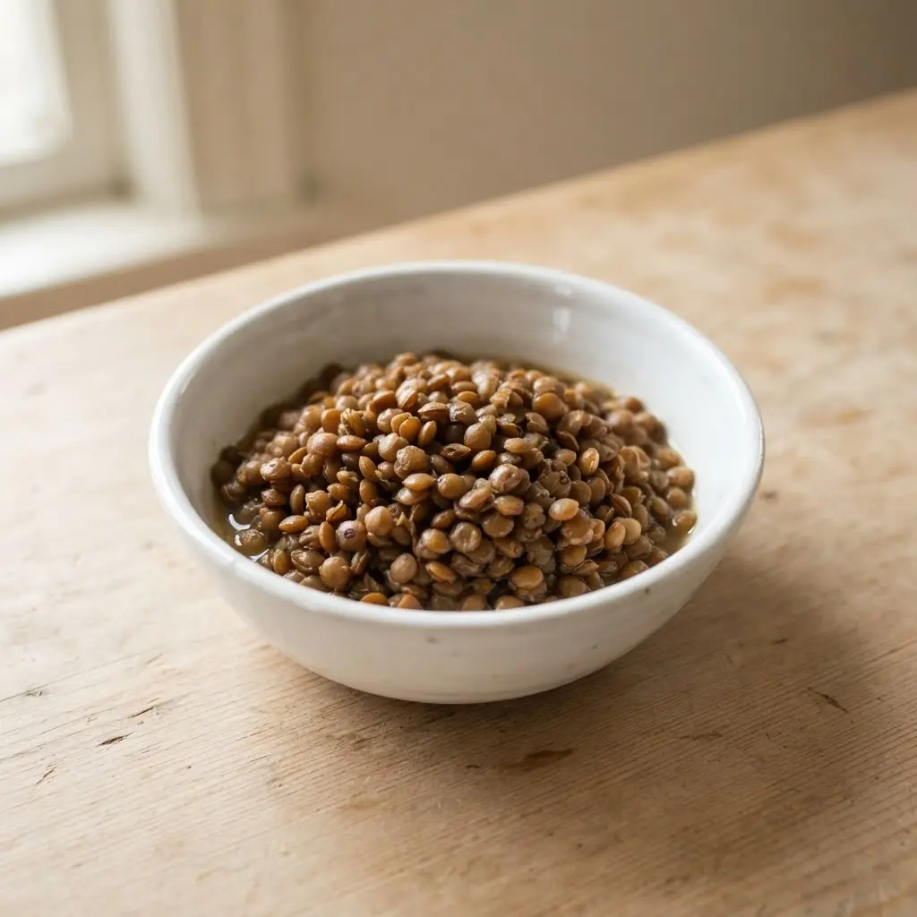 Lentils in a plain white bowl on a plain wooden surface.