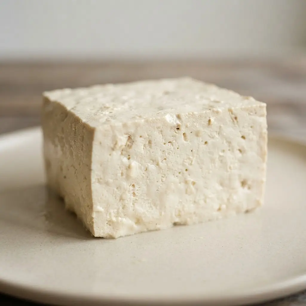Calcium-set tofu in close-up.