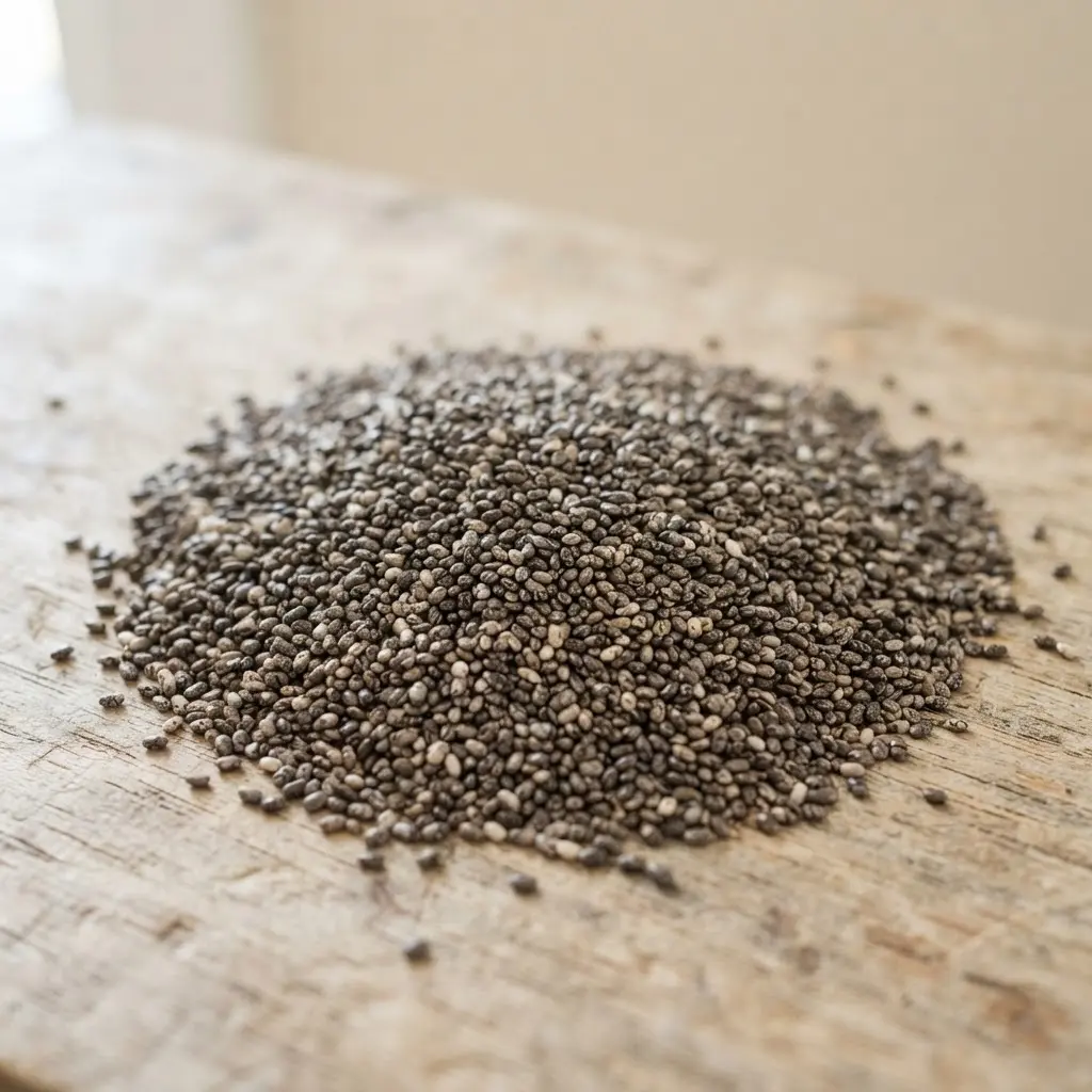 Chia seeds on a plain wooden surface.