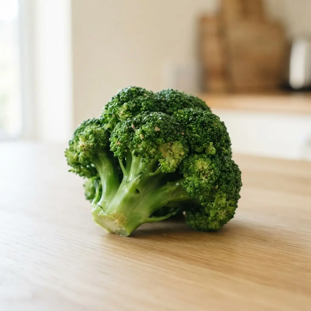 Steamed broccoli on a plain wooden surface.