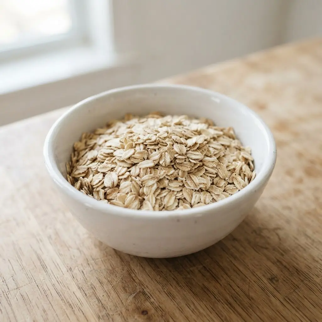 Rolled oats in a plain white bowl on a plain wooden surface.