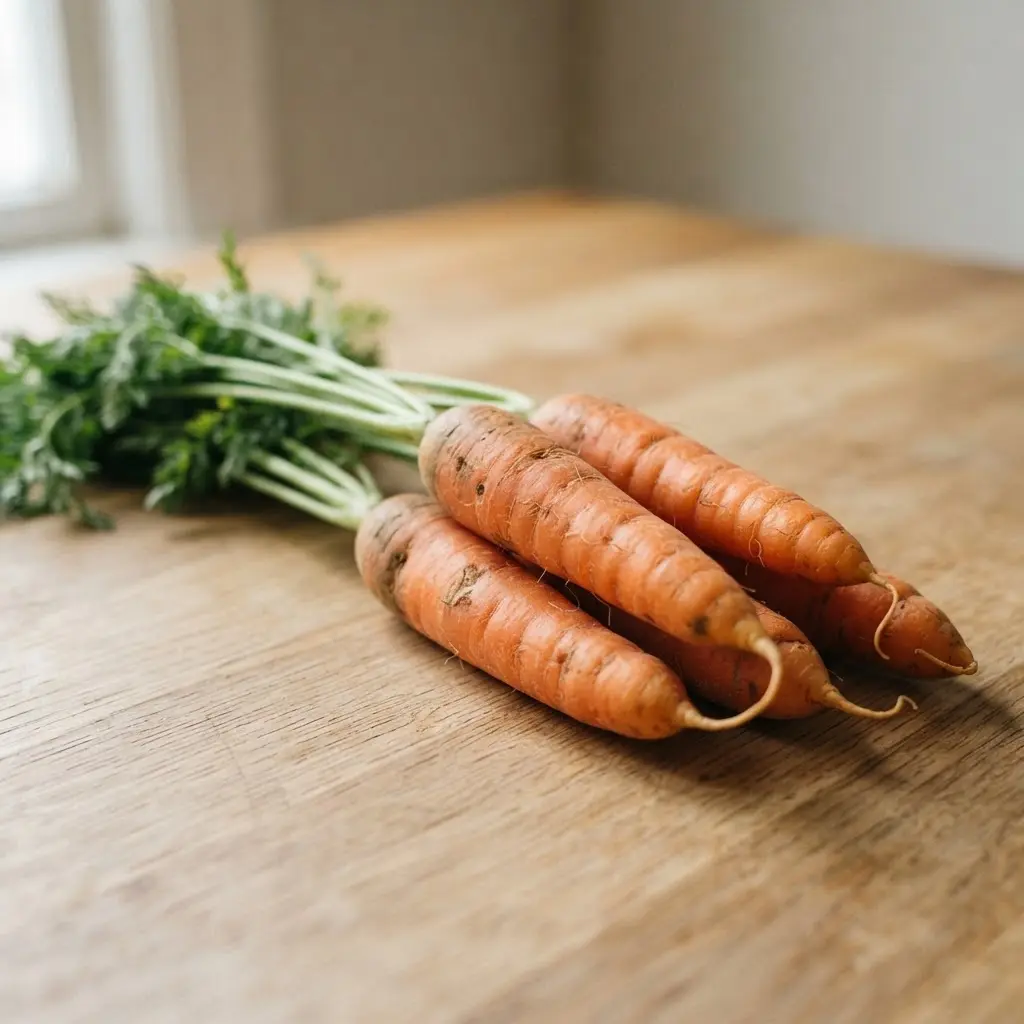 Carrots on a plain wooden surface.