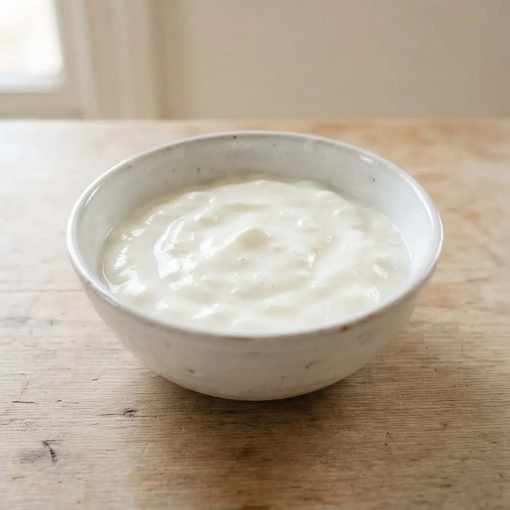 Yogurt in a plain white bowl on a plain wooden surface.